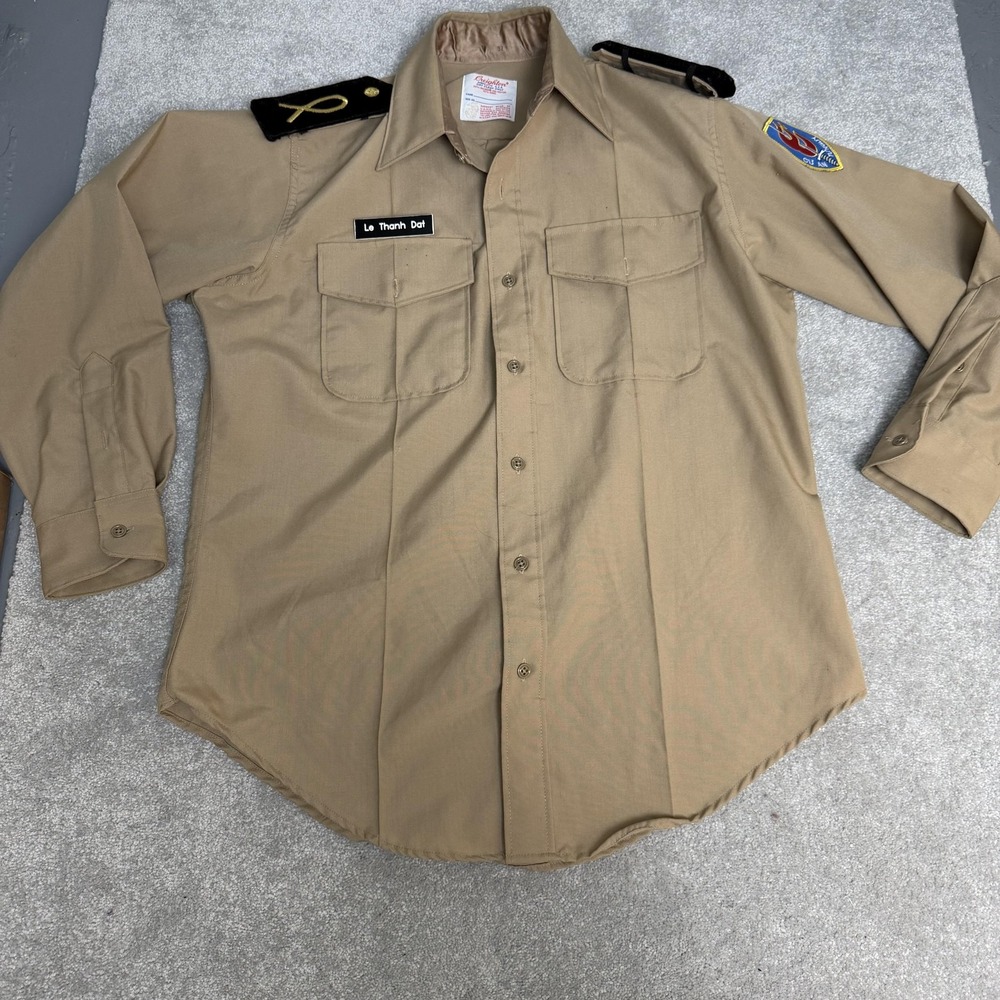 Creighton USMC Dress Shirt Mens 16 Beige Khaki Wool Blend Long Sleeve USA Patch
